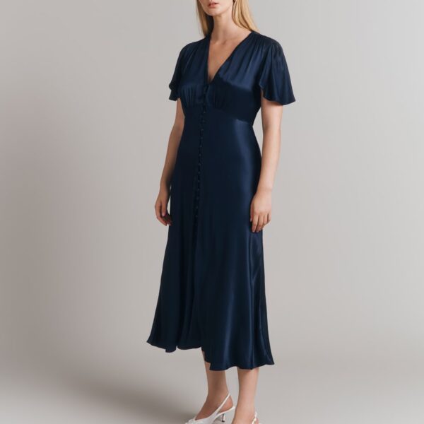 Ghost Satin V-Neck Midi Skater Dress Navy