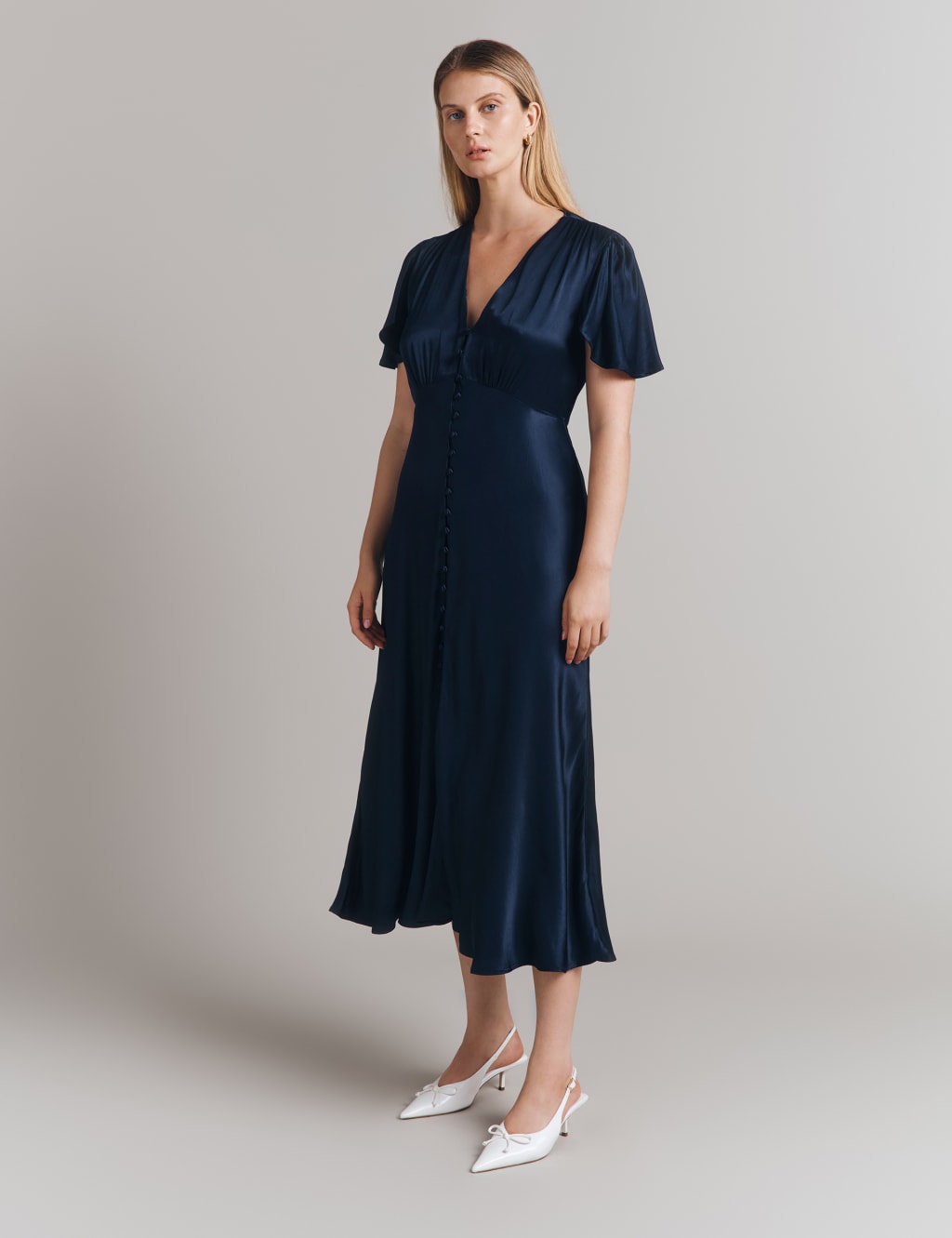 Ghost Satin V-Neck Midi Skater Dress Navy