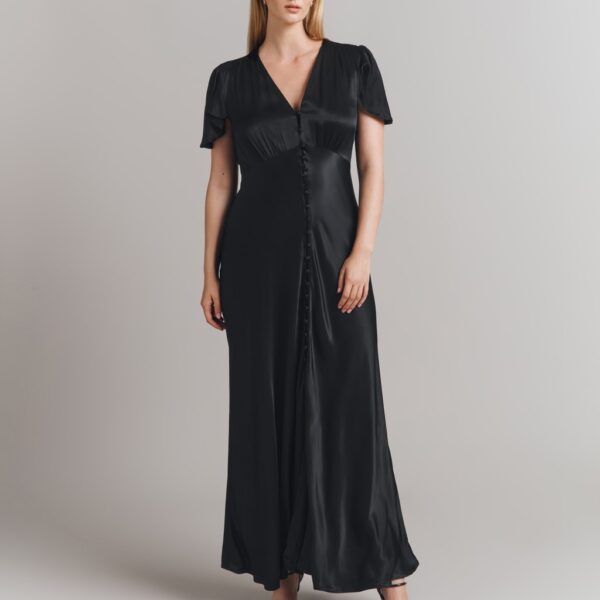 Ghost Satin V-Neck Midi Skater Dress Black
