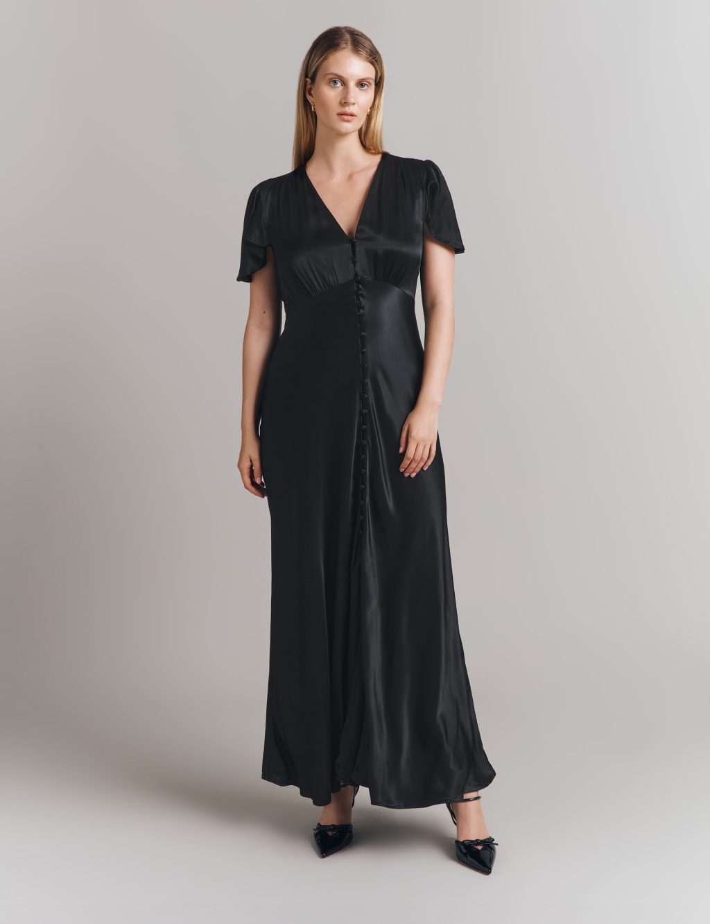 Ghost Satin V-Neck Midi Skater Dress Black