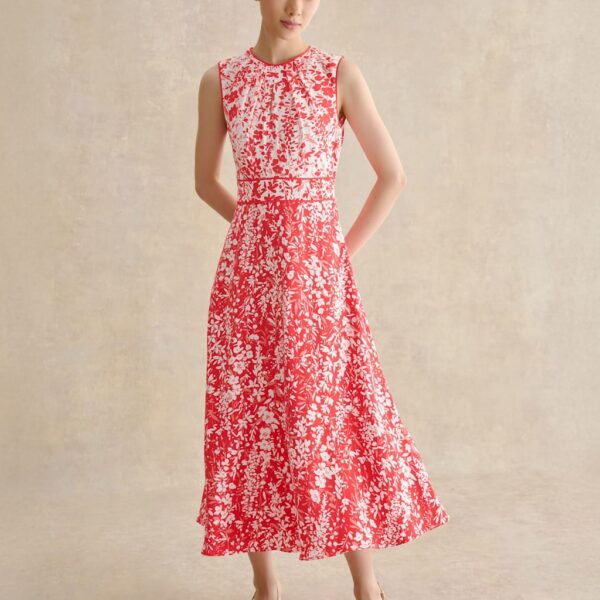 HOBBS Floral Tie Waist Midi Waisted Dress Red Mix