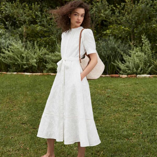 HOBBS Pure Cotton Embroidered Midi Waisted Dress White