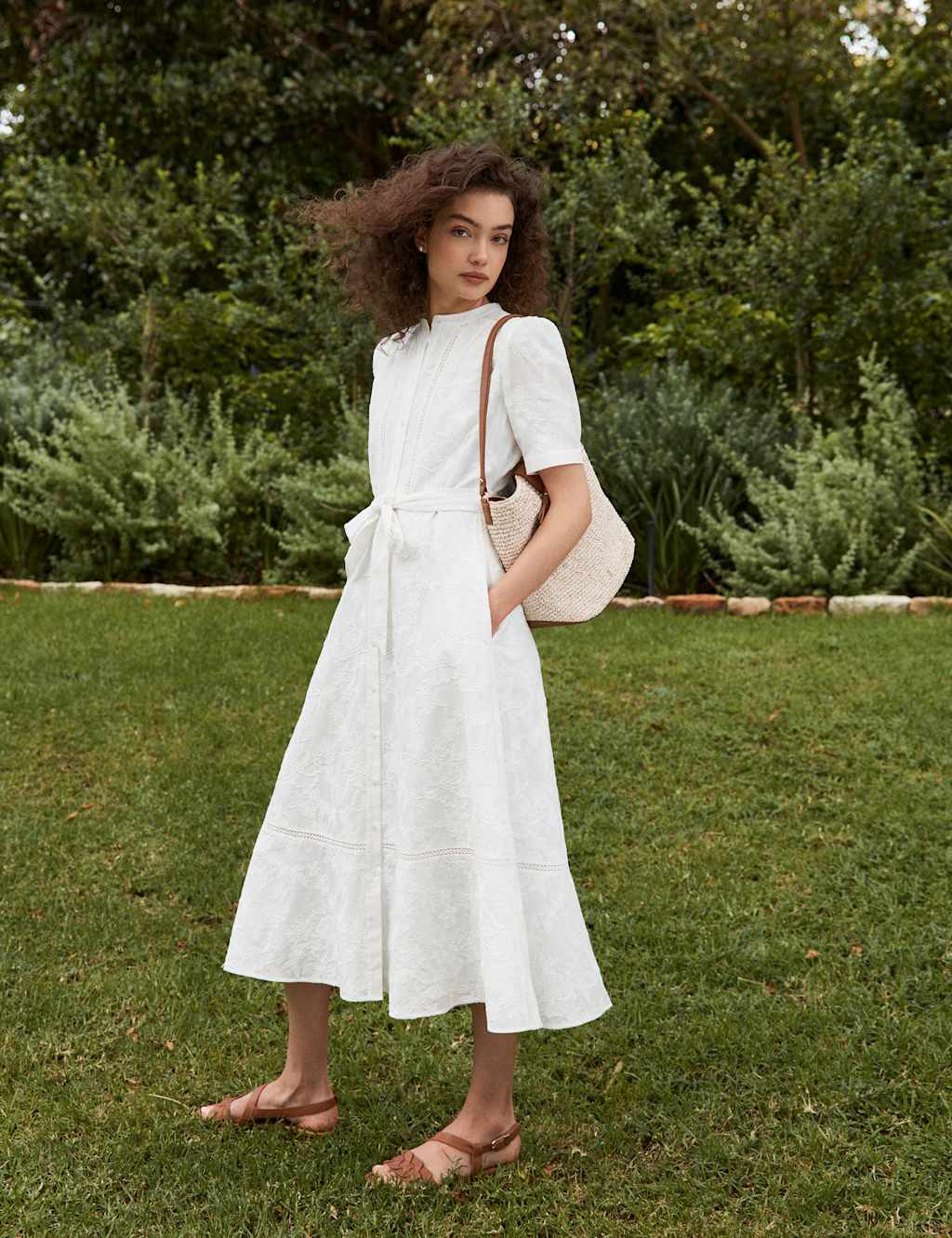 HOBBS Pure Cotton Embroidered Midi Waisted Dress White