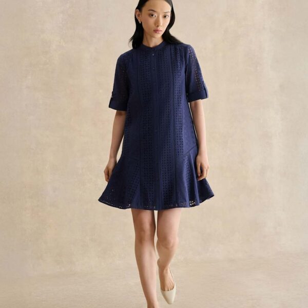 HOBBS Pure Cotton Broderie Mini Shift Dress Blue