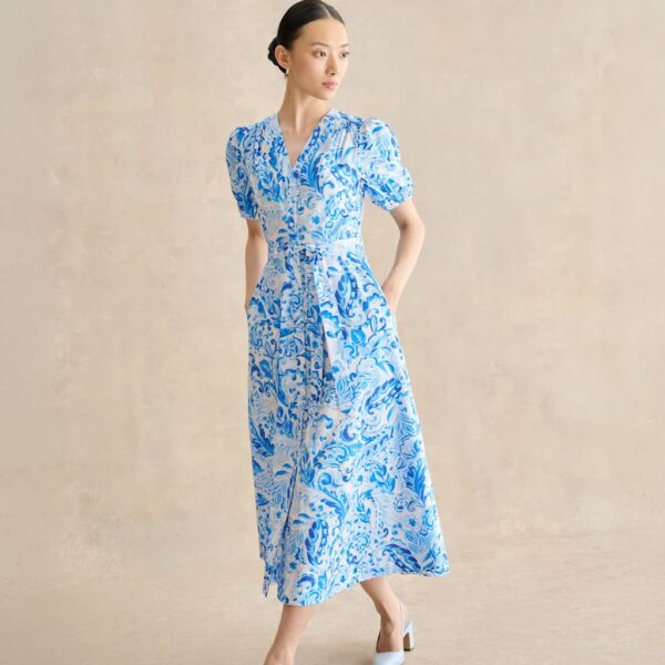 HOBBS Pure Cotton Paisley V-Neck Midi Dress Blue Mix