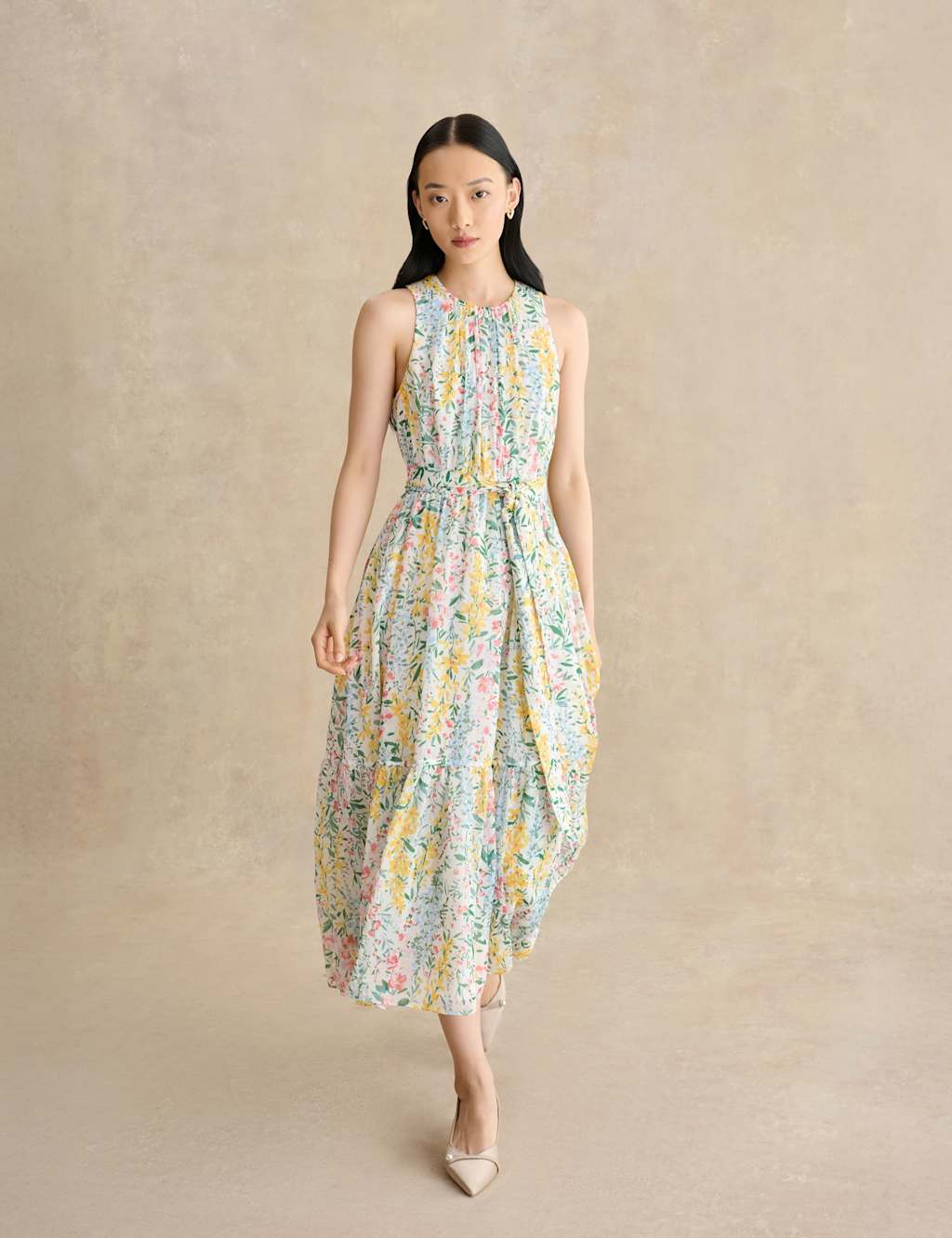 HOBBS Floral Belted Midi Waisted Dress White Mix