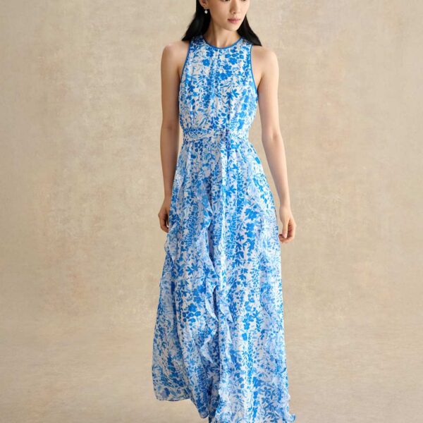 HOBBS Floral Belted Ruffle Maxi Waisted Dress Blue Mix