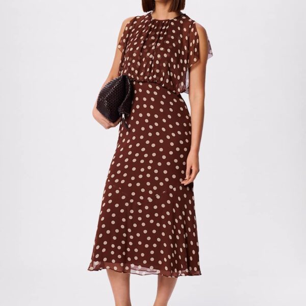 Whistles Polka Dot Crew Neck Midi Waisted Dress Brown Mix