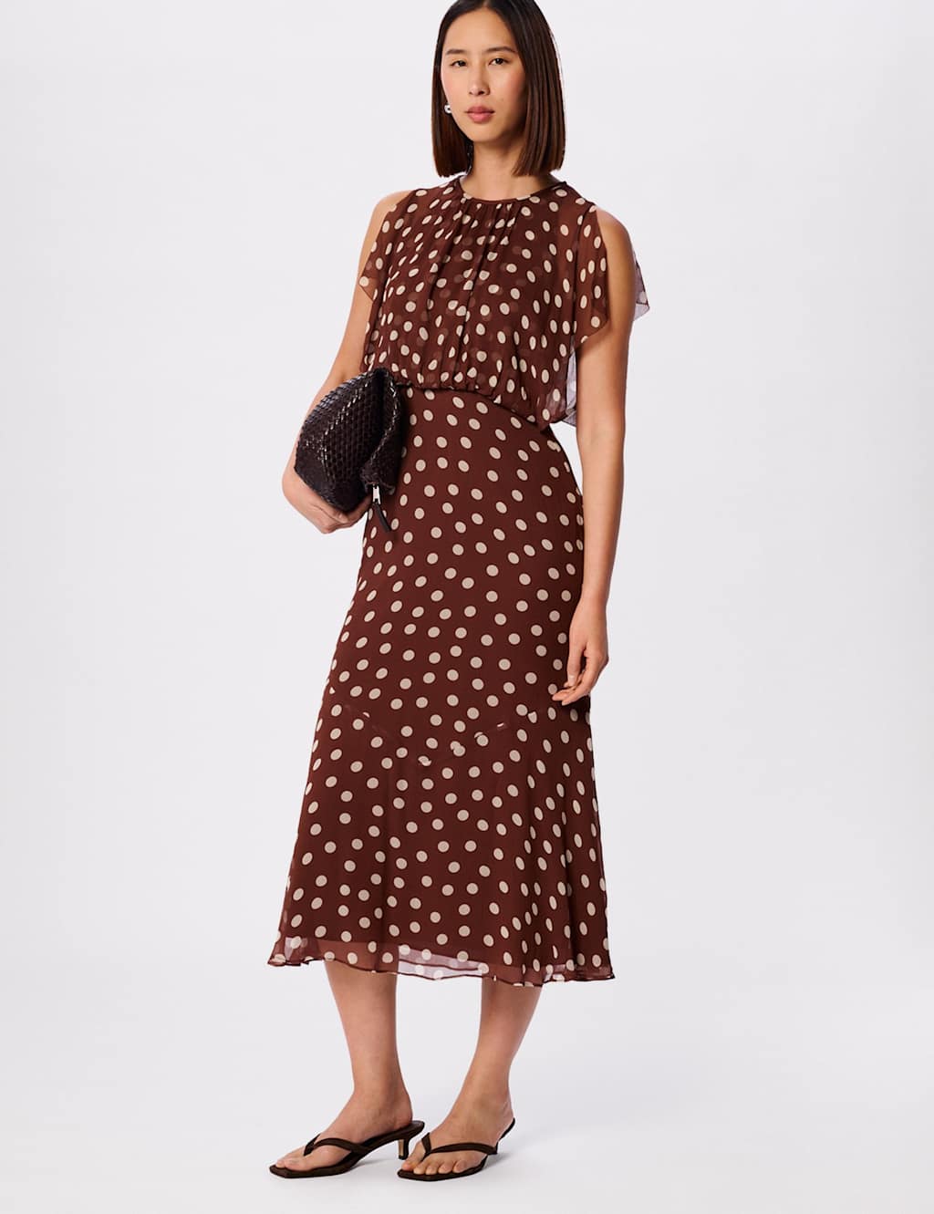 Whistles Polka Dot Crew Neck Midi Waisted Dress Brown Mix