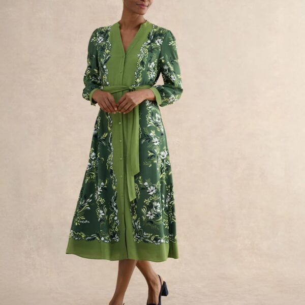 HOBBS Floral V-Neck Midi Waisted Dress Green