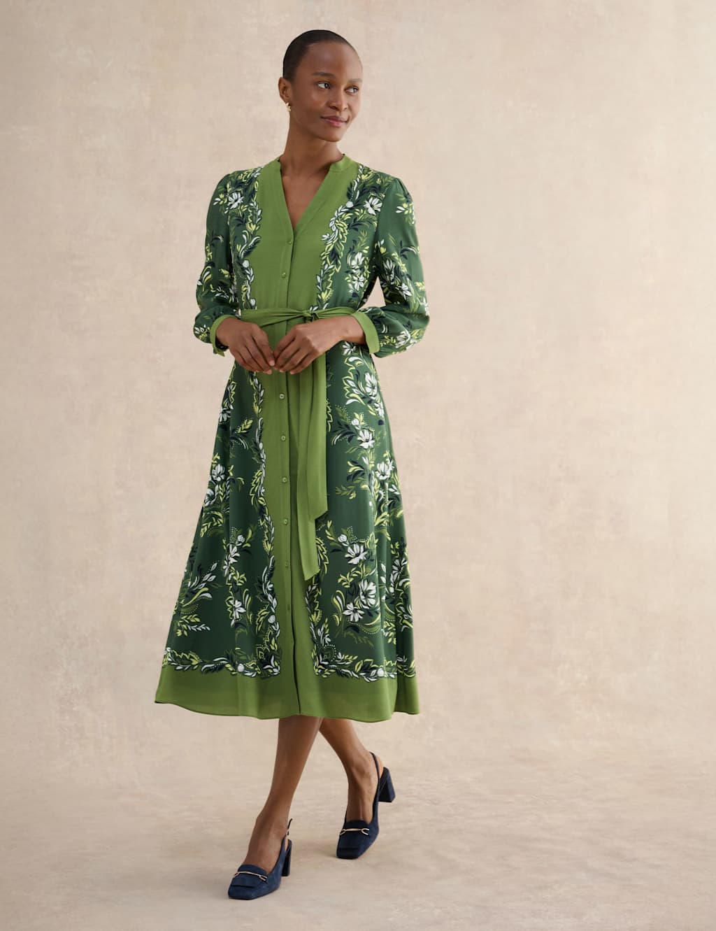 HOBBS Floral V-Neck Midi Waisted Dress Green