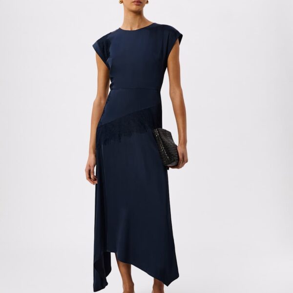 Whistles Lace Insert Crew Neck Midi Column Dress Navy