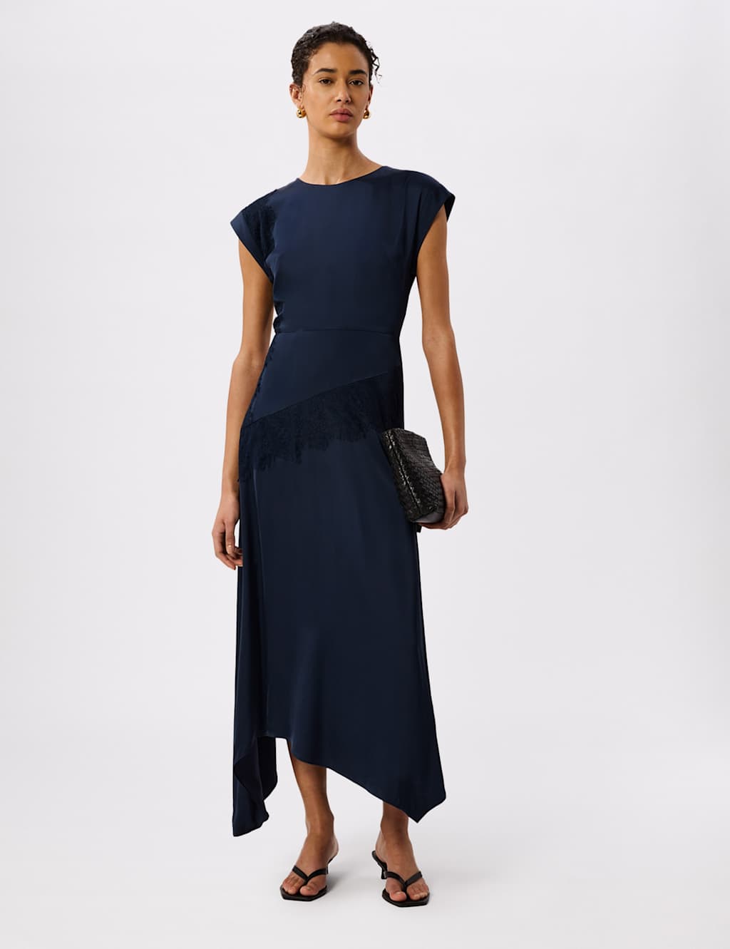 Whistles Lace Insert Crew Neck Midi Column Dress Navy