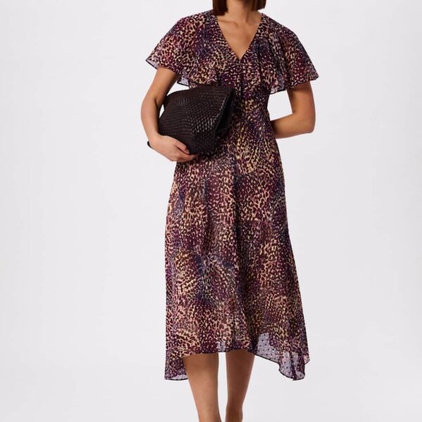 Whistles Leopard Print Cape Sleeve Midi Tea Dress Purple Mix