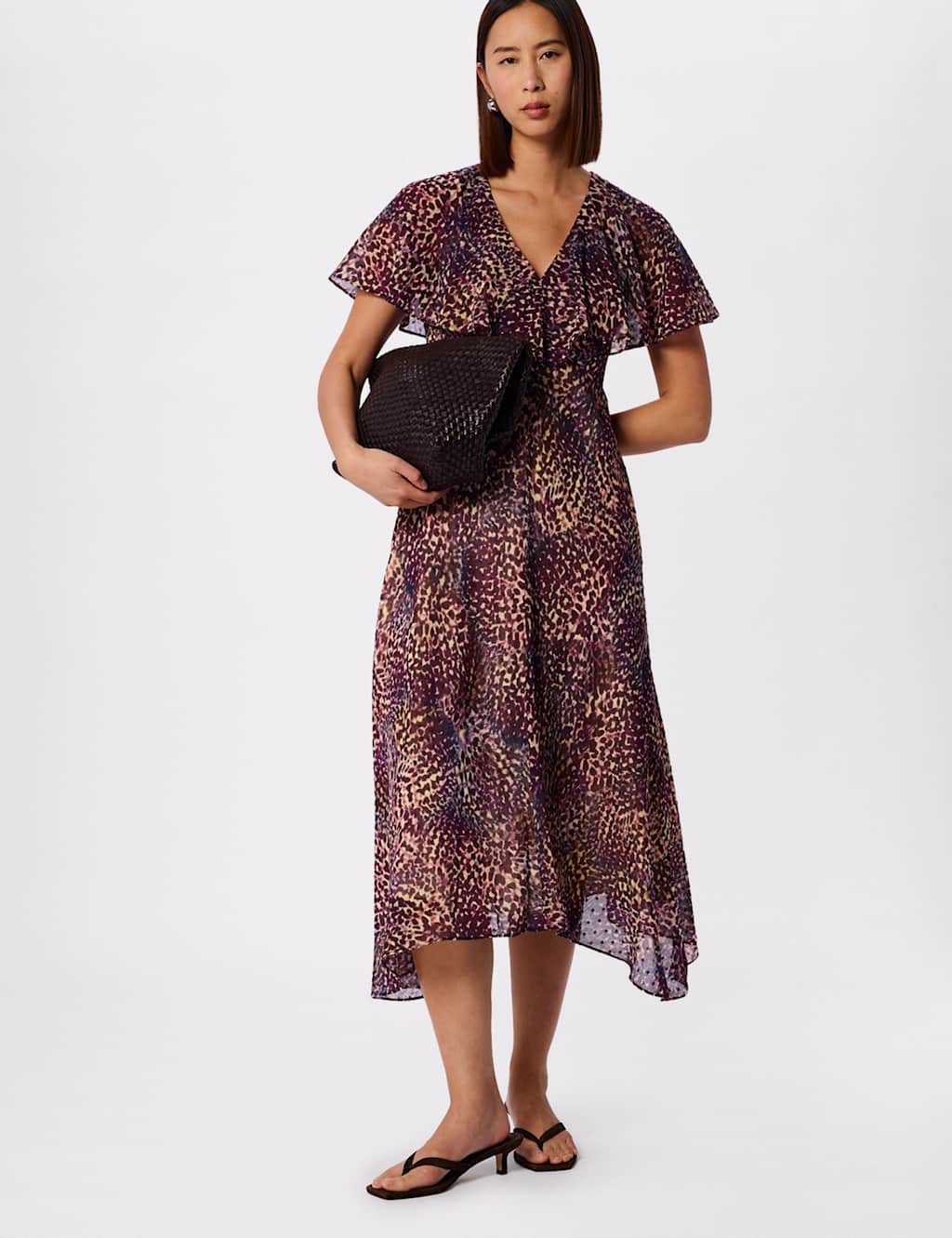 Whistles Leopard Print Cape Sleeve Midi Tea Dress Purple Mix