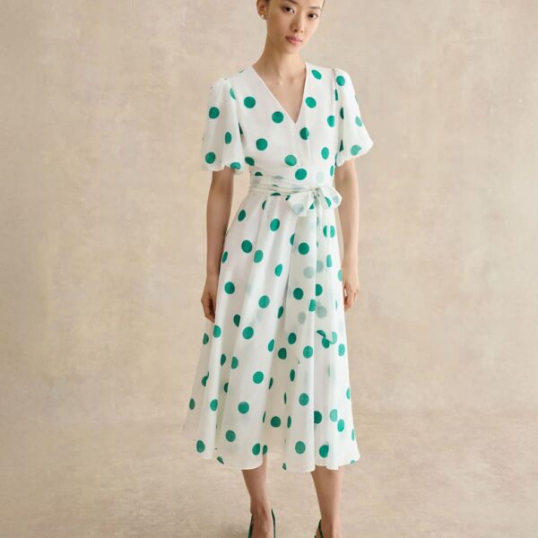 HOBBS Polka Dot V-Neck Tie Waist Midi Skater Dress Ivory