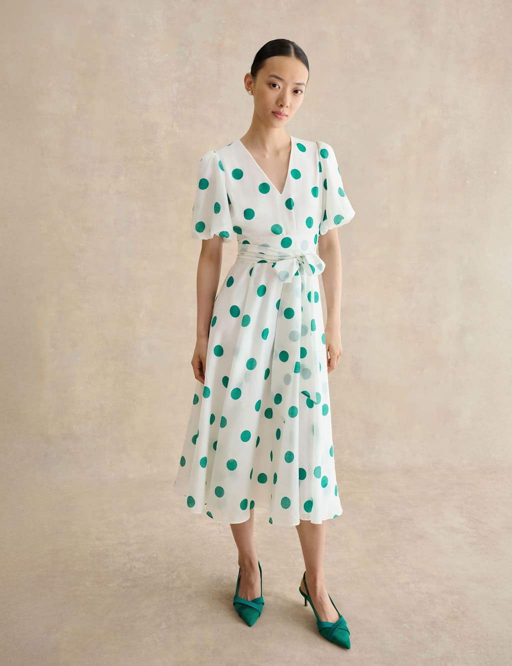 HOBBS Polka Dot V-Neck Tie Waist Midi Skater Dress Ivory