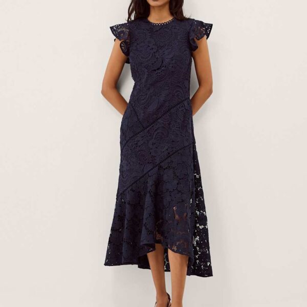 Monsoon Lace Floral Round Neck Midi Tea Dress Navy
