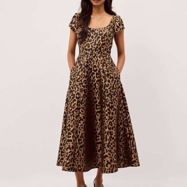 Monsoon Leopard Print Square Neck Midi Skater Dress Beige Mix