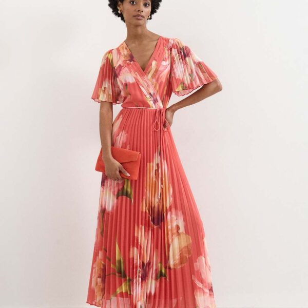 Phase Eight Floral V-Neck Angel Sleeve Maxi Skater Dress Orange Mix