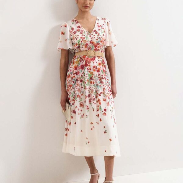 Phase Eight Lyocell Rich Floral V-Neck Midi Skater Dress Cream Mix