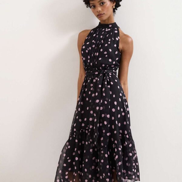 Phase Eight Polka Dot Halter Neck Midi Skater Dress Black Mix