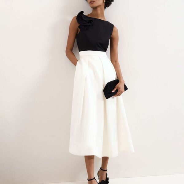 Phase Eight Satin Ruffle Midi Skater Dress Black
