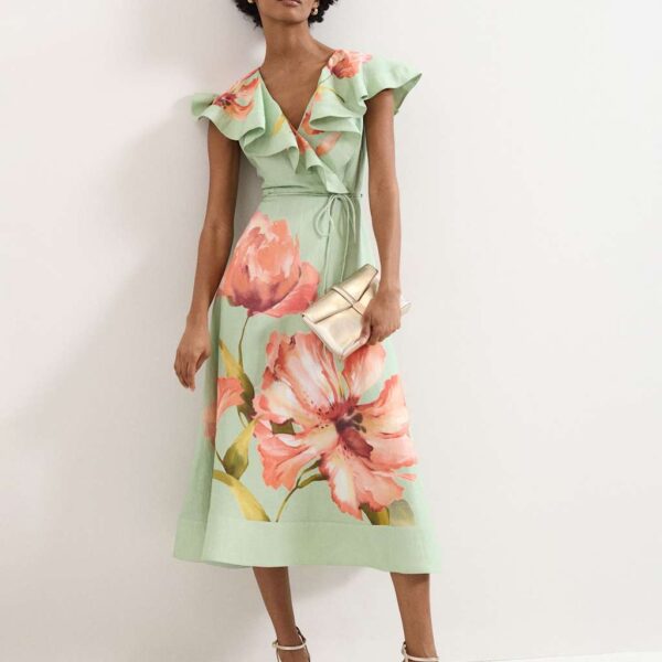 Phase Eight Linen Rich Floral V-Neck Midi Waisted Dress Green Mix