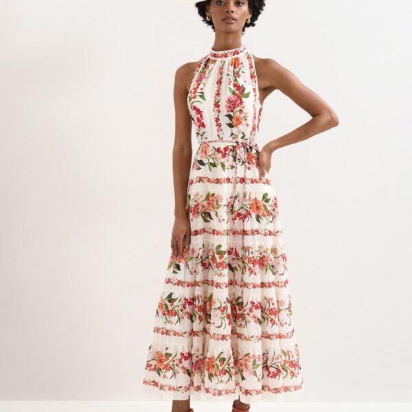 Phase Eight Lyocell Rich Floral Halter Neck Maxi Dress Cream Mix