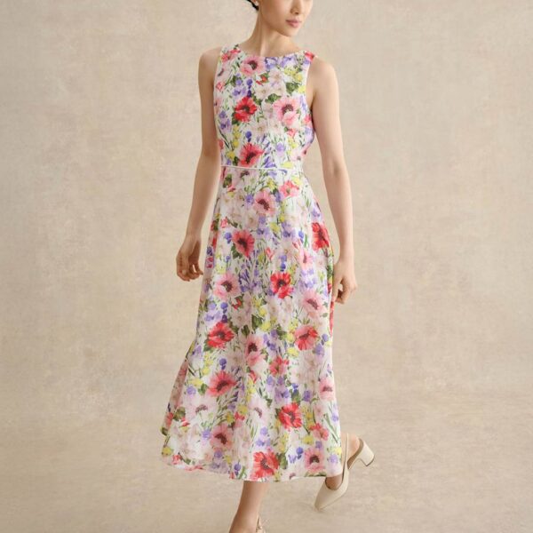 HOBBS Floral Midi Waisted Dress White Mix