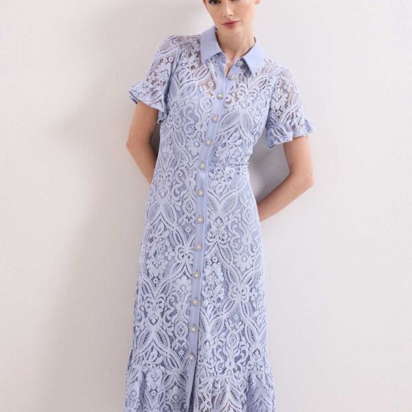 Phase Eight Lace Collared Midi Shirt Dress Light Blue Mix