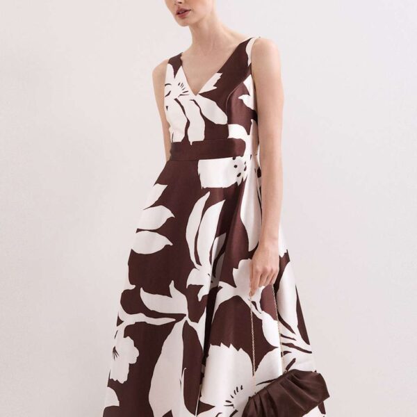 Phase Eight Floral V-Neck Midi Skater Dress Brown Mix