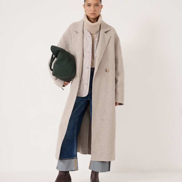 HUSH Wool Rich Checked Double Faced Longline Coat Grey Mix