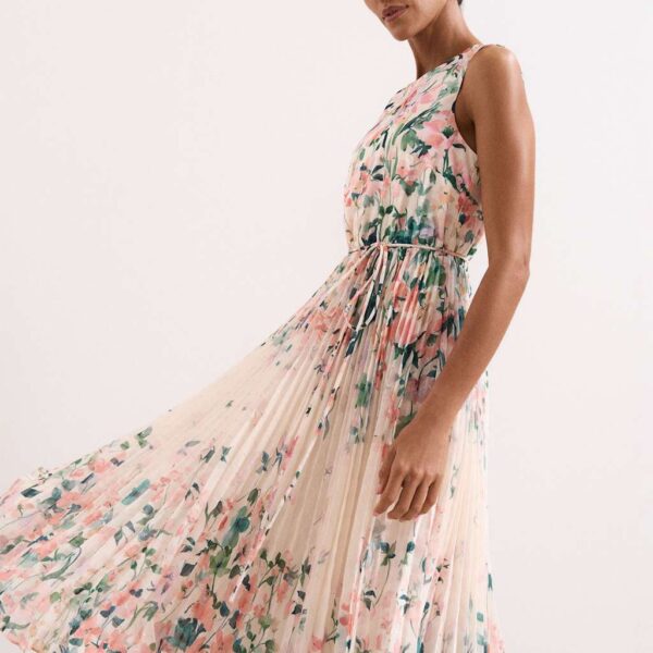 Phase Eight Chiffon Floral Pleated Midi Tea Dress Light Pink Mix