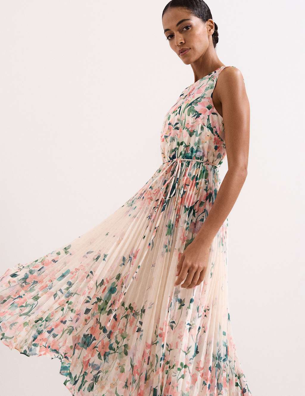 Phase Eight Chiffon Floral Pleated Midi Tea Dress Light Pink Mix
