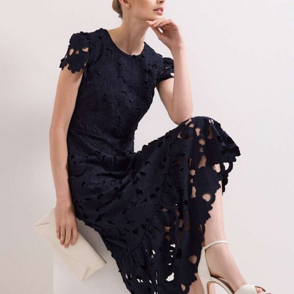 Phase Eight Lace Cutwork Detail Midi Skater Dress Navy