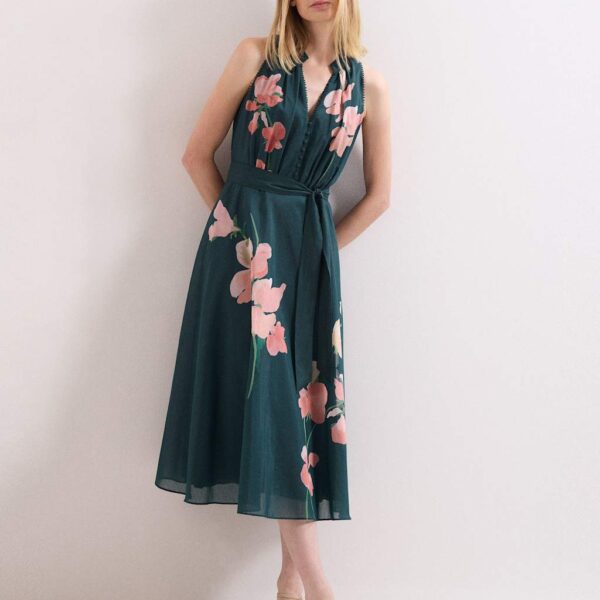 Phase Eight Floral V-Neck Midi Skater Dress Teal Mix