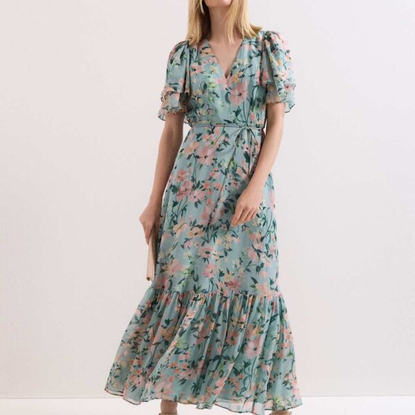Phase Eight Chiffon Floral V-Neck Angel Sleeve Maxi Waisted Dress Multi