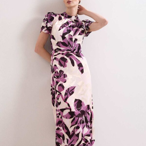 Phase Eight Floral High Neck Midi Waistwed Dress Cream Mix