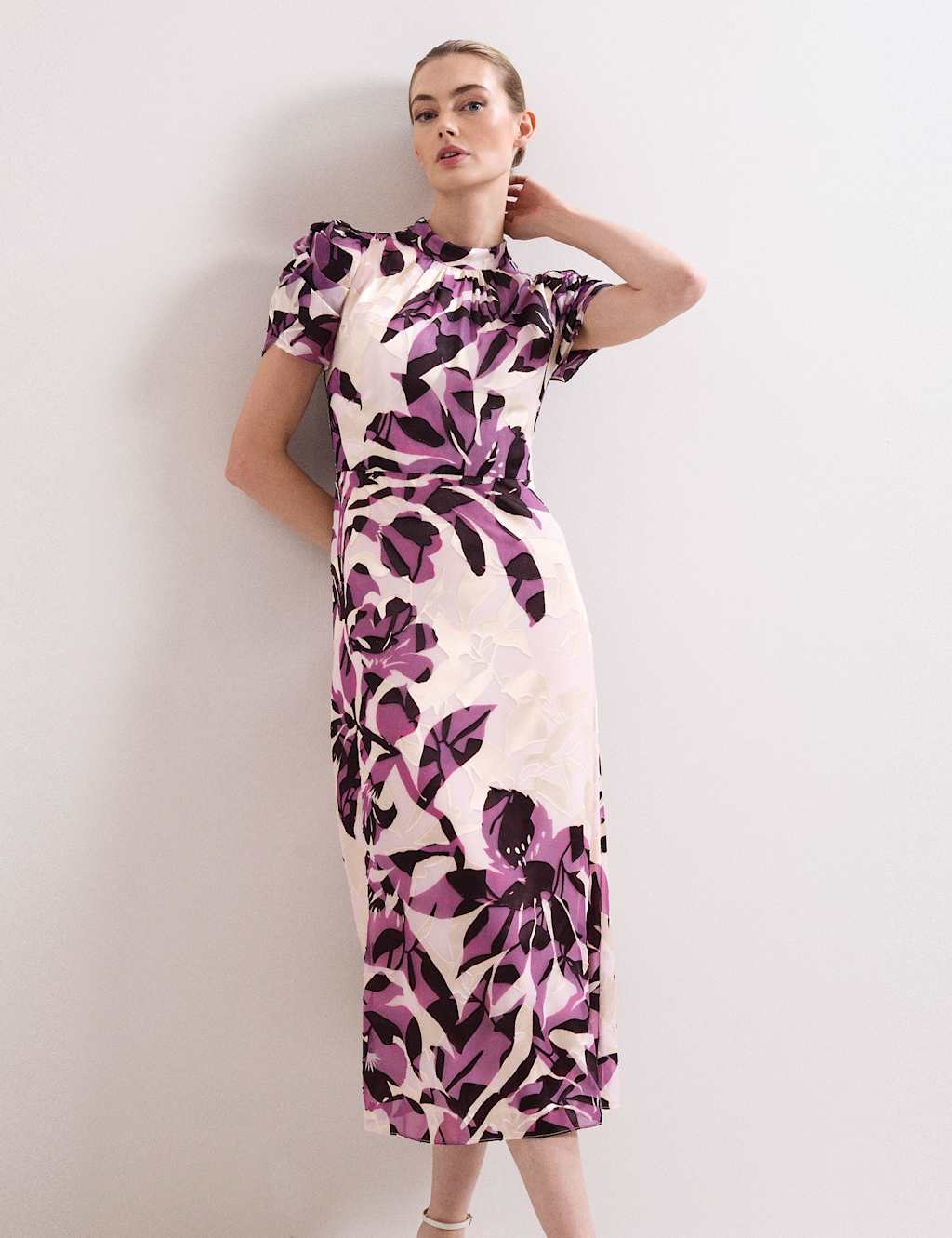 Phase Eight Floral High Neck Midi Waistwed Dress Cream Mix