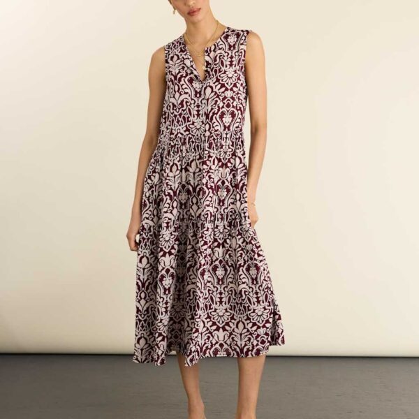 BAUKJEN Printed Sleeveless Midi Tiered Dress Burgundy Mix