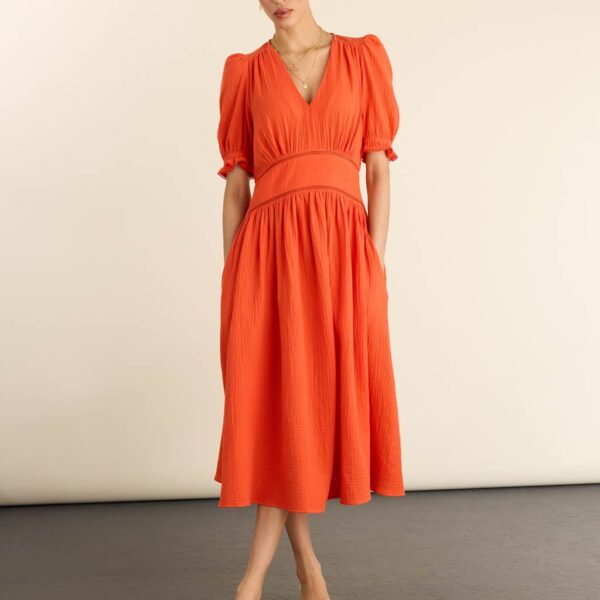 BAUKJEN Pure Cotton Cheesecloth V-Neck Midi Dress Orange