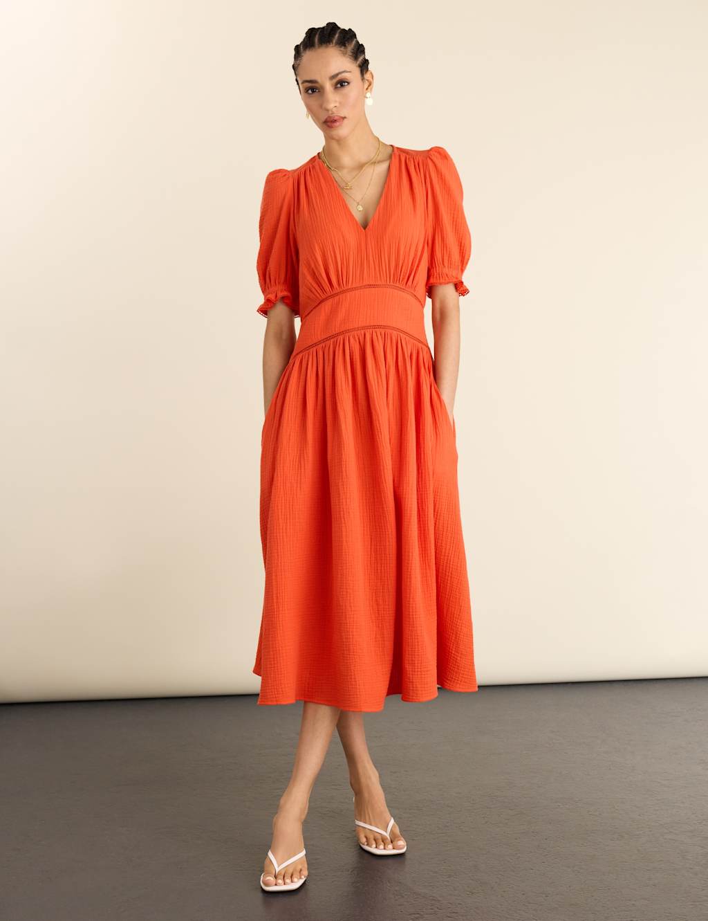 BAUKJEN Pure Cotton Cheesecloth V-Neck Midi Dress Orange