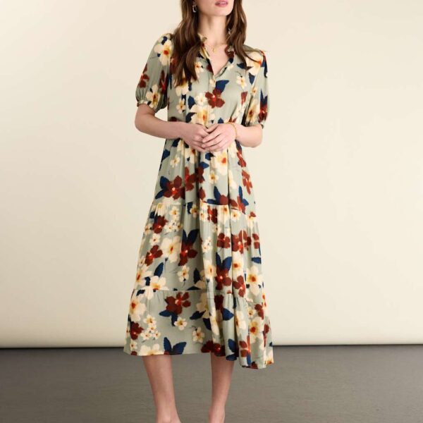 BAUKJEN Floral Printed Collared Midi Tiered Dress Blue Mix