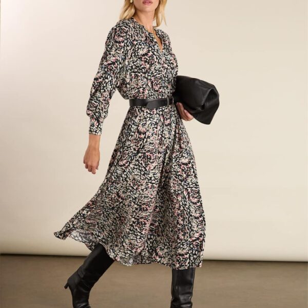 BAUKJEN Printed Band Collar Midi Waisted Dress Black Mix