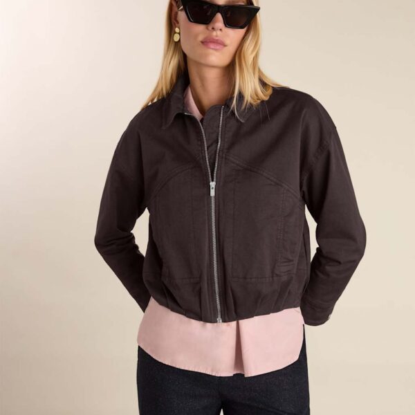 BAUKJEN Cotton Rich Relaxed Cropped Bomber Jacket Dark Brown