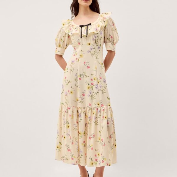 Monsoon Floral Scoop Neck Midi Tea Dress Ivory Mix