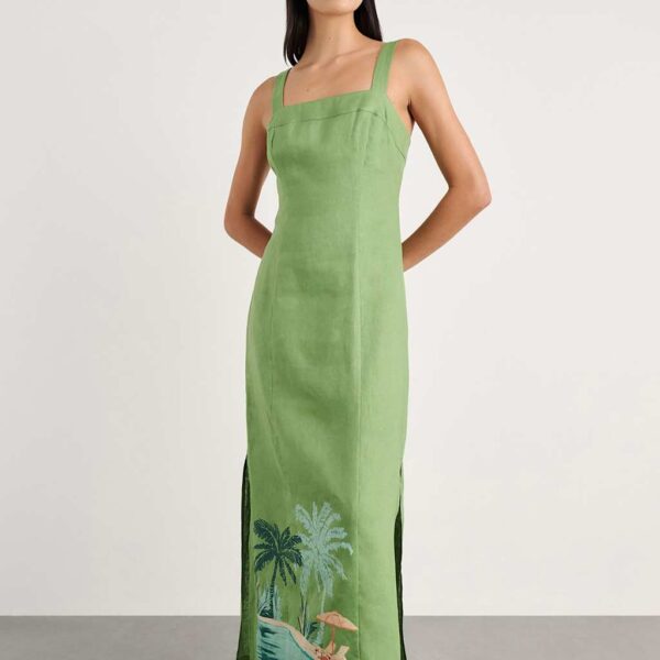 Jag Pure Linen Printed Strappy Maxi Column Dress Green