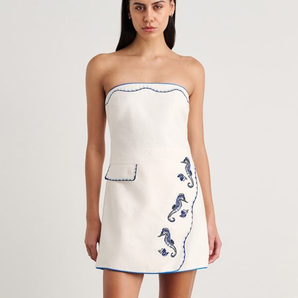 Jag Pure Linen Embroidered Bandeau Mini Dress Soft White