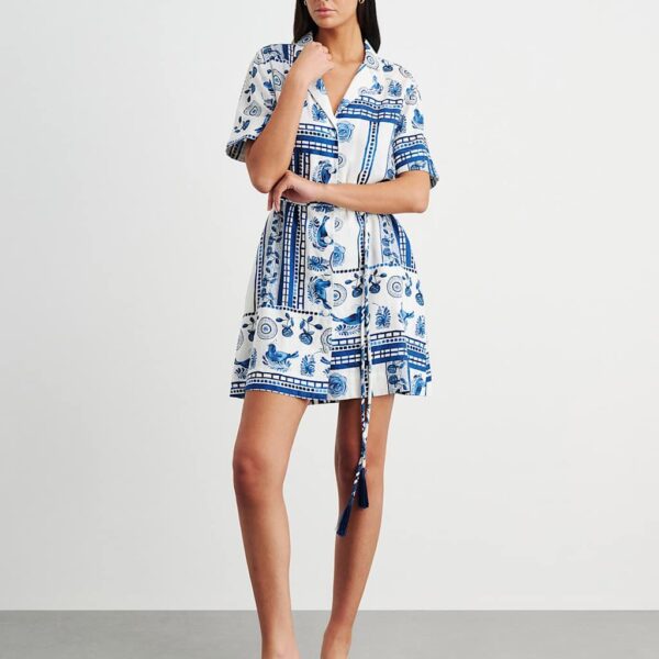 Jag Linen Rich Lovebird Print Mini Shirt Dress Ivory Mix